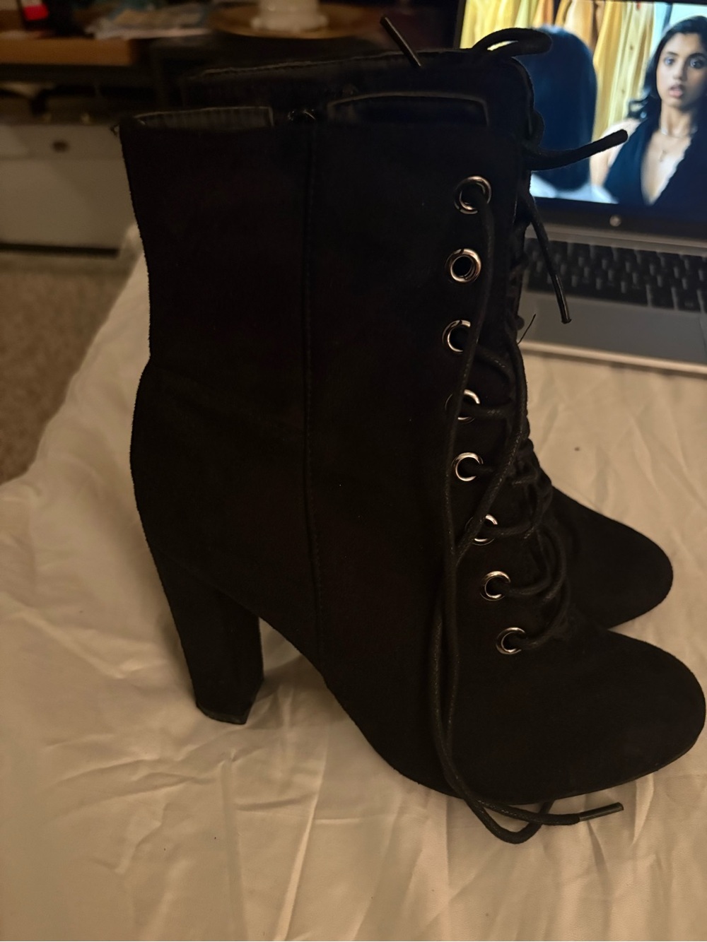 Black Lace-Up High Heel Ankle Boots - Women